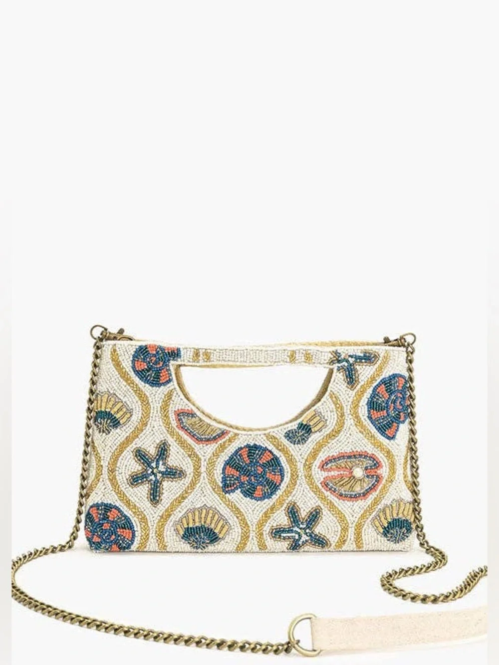 Beaded Seashell Cutout Handle Clutch - White & Gold